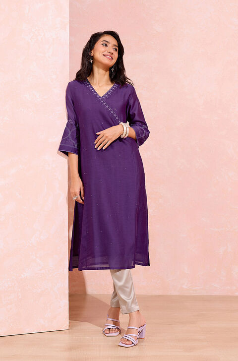 Purple Pure Silk Cotton Chikankari Kurta