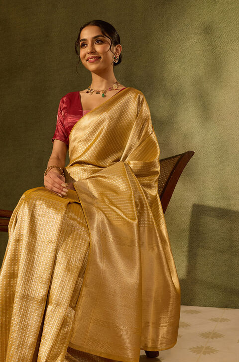 Yellow Viscose Tissue Woven Saree