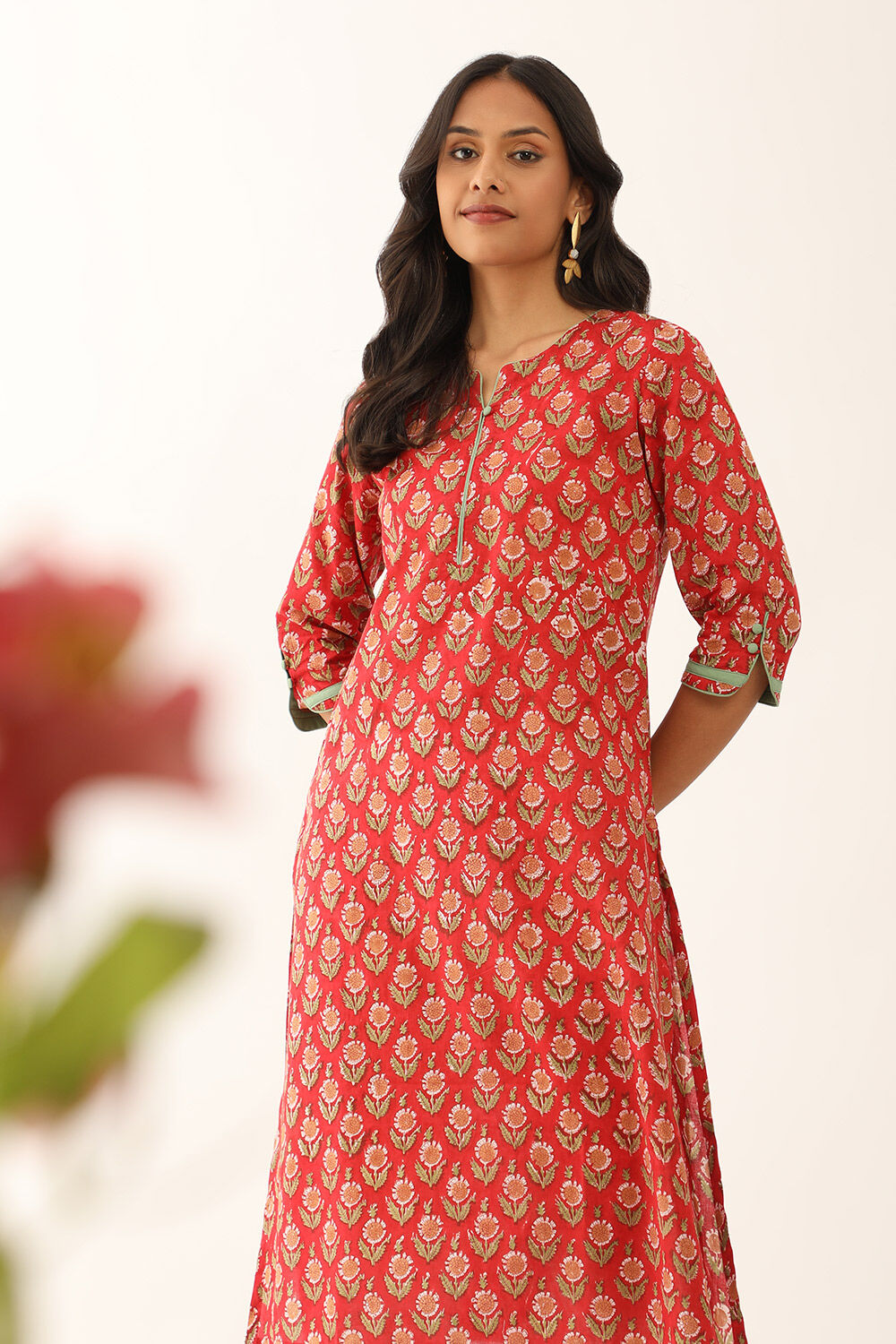Red Pure Cotton Sanganeri Block Printed Kurta image number null