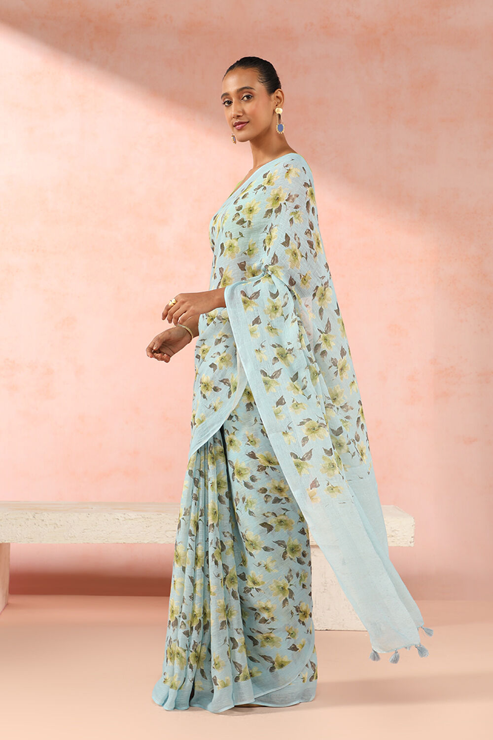 Blue Pure Linen Digital Printed Saree image number null
