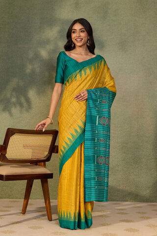 Yellow Pure Tussar Silk Ikat Saree thumbnail image number null