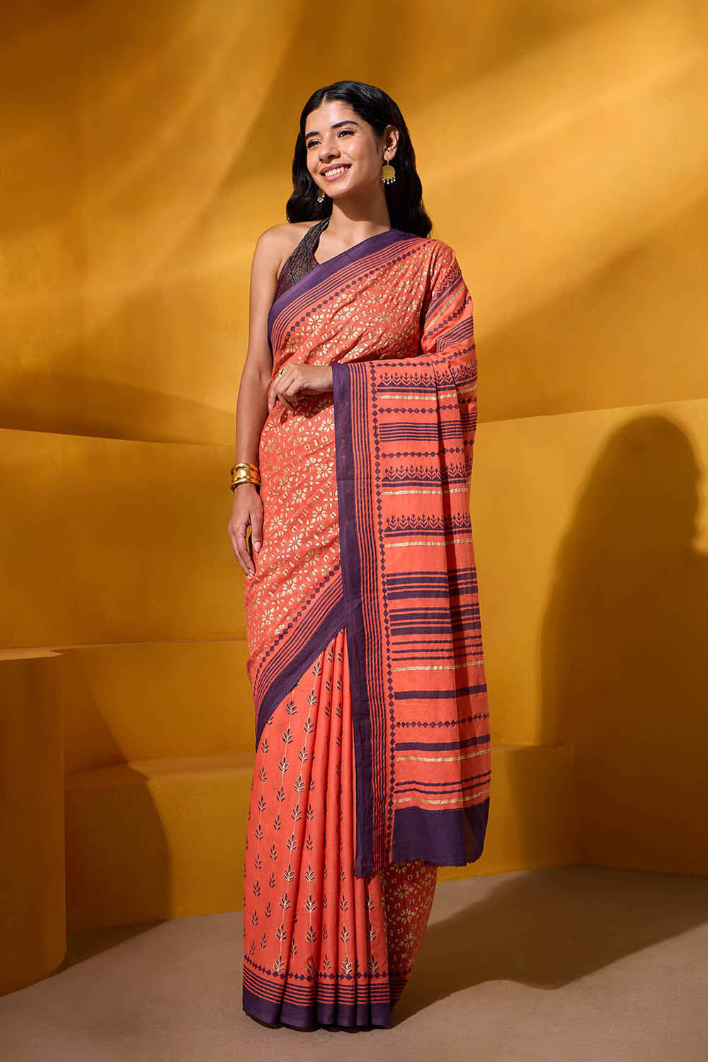 Orange Pure Cotton Mulmul Block Printed Bengal Saree image number null