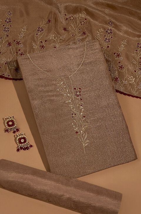 Brown Viscose Tissue Embroidered Unstitched Suit Set
