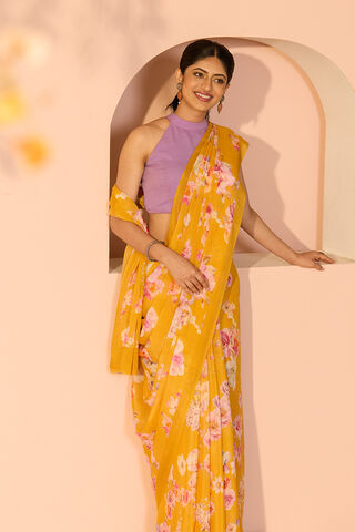 Yellow Printed Viscose Crepe Saree image number