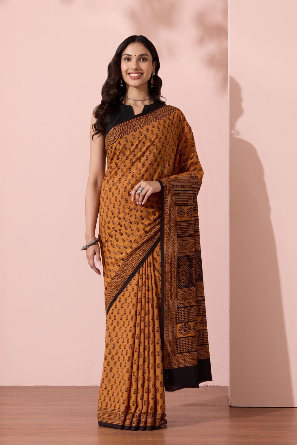 Yellow Bagh Block Printed Pure Cotton Saree image number null