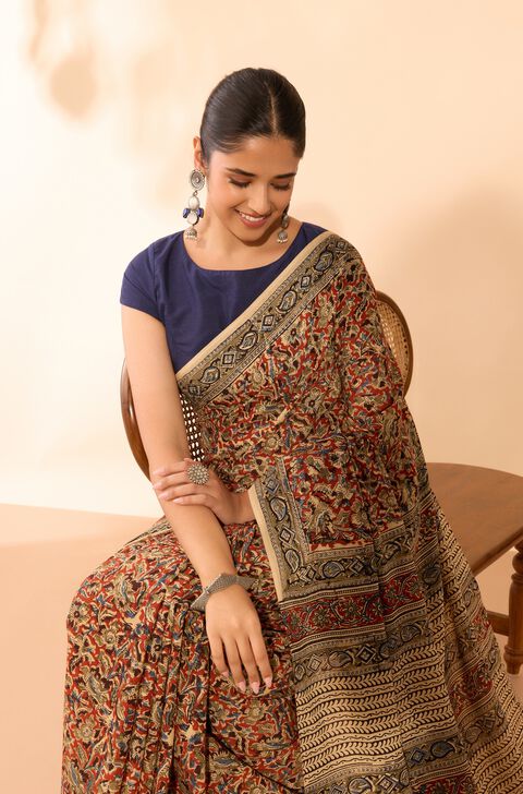 Multicoloured Printed Kalamkari Machilipatnam Pure Cotton Saree