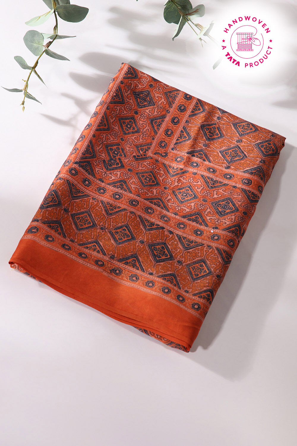 Orange Pure Silk Ajrakh Printed Saree image number null