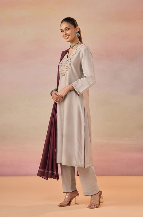 Grey Pure Silk Cotton Embroidered Kurta Set