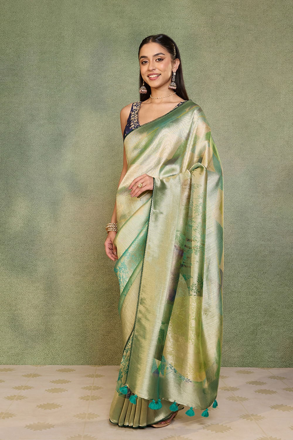 Green Printed Viscose Tissue Saree image number null