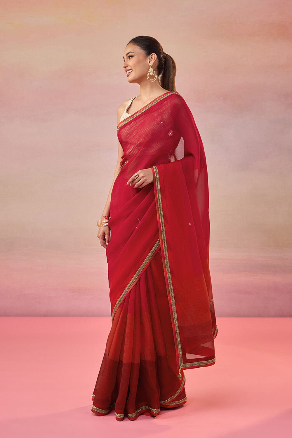 Red Viscose Organza Embroidered Saree image number null