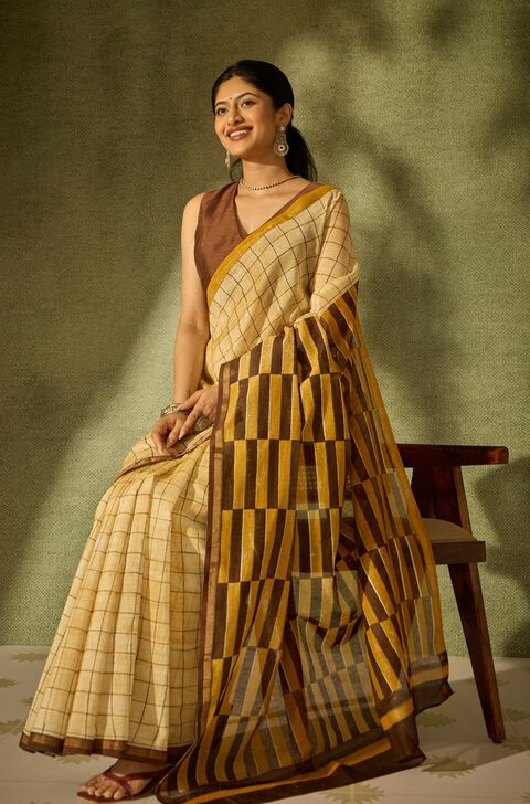 Yellow Rajasthan Pure Silk Cotton Printed Sanganeri Saree