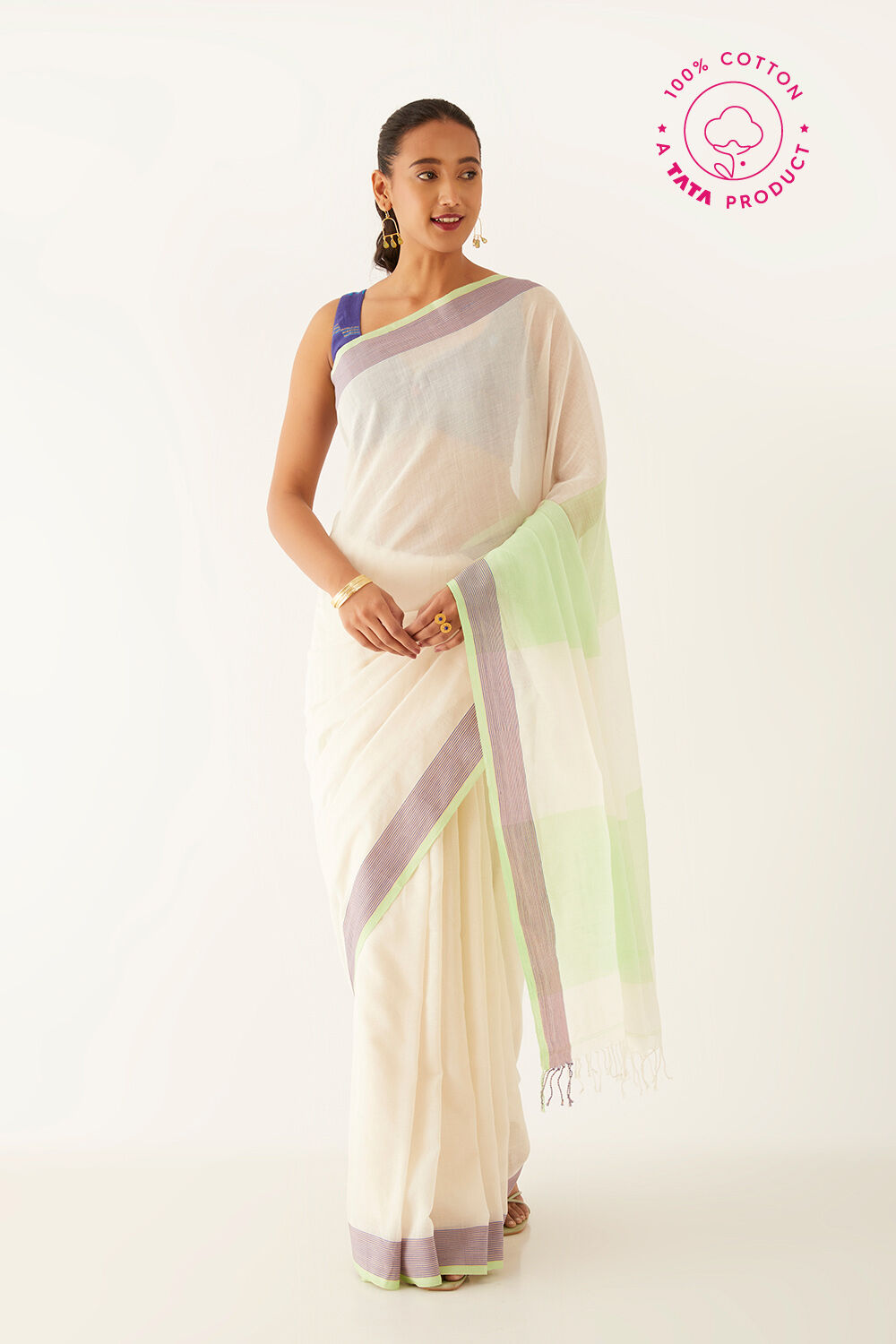 Off White Pure Cotton Bengal Saree image number null