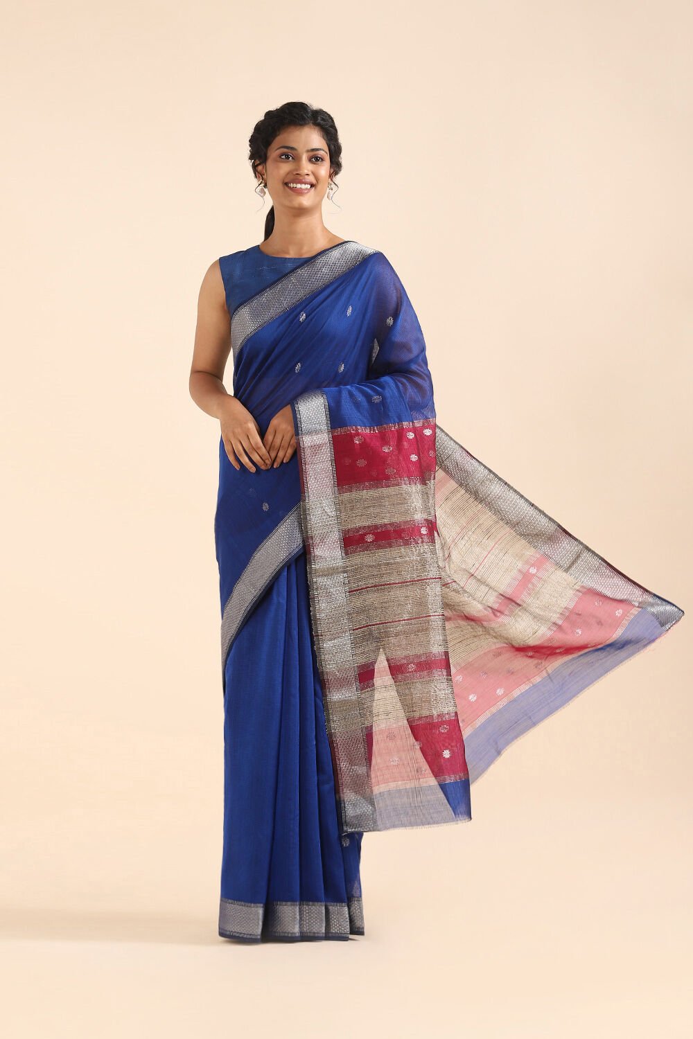 Dark Blue Pure Silk Cotton Maheswari Saree image number null
