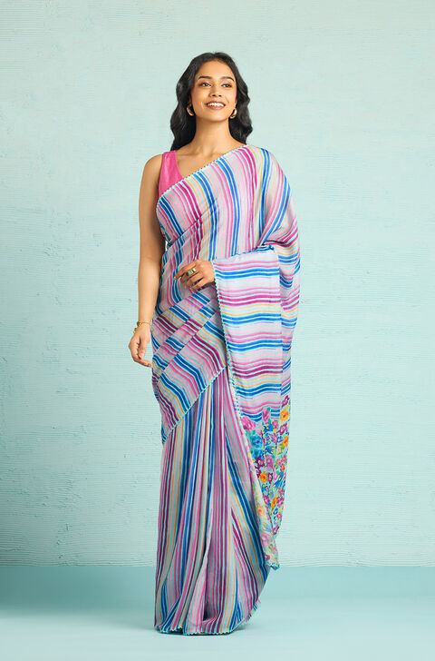 Blue Printed Viscose Crepe Saree