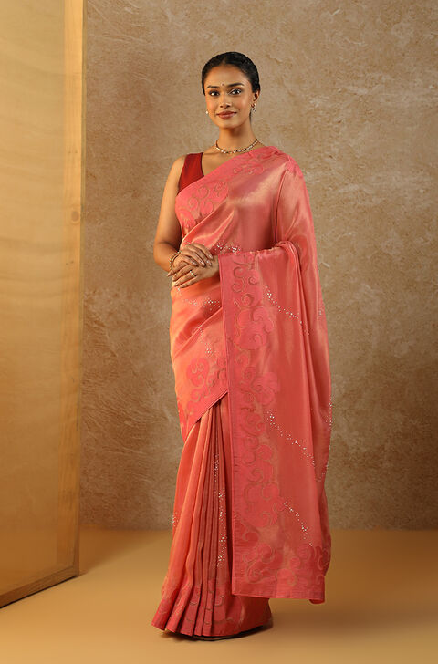Pink Viscose Tissue Applique Saree