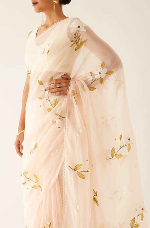 Pink Viscose Organza Embroidered Saree