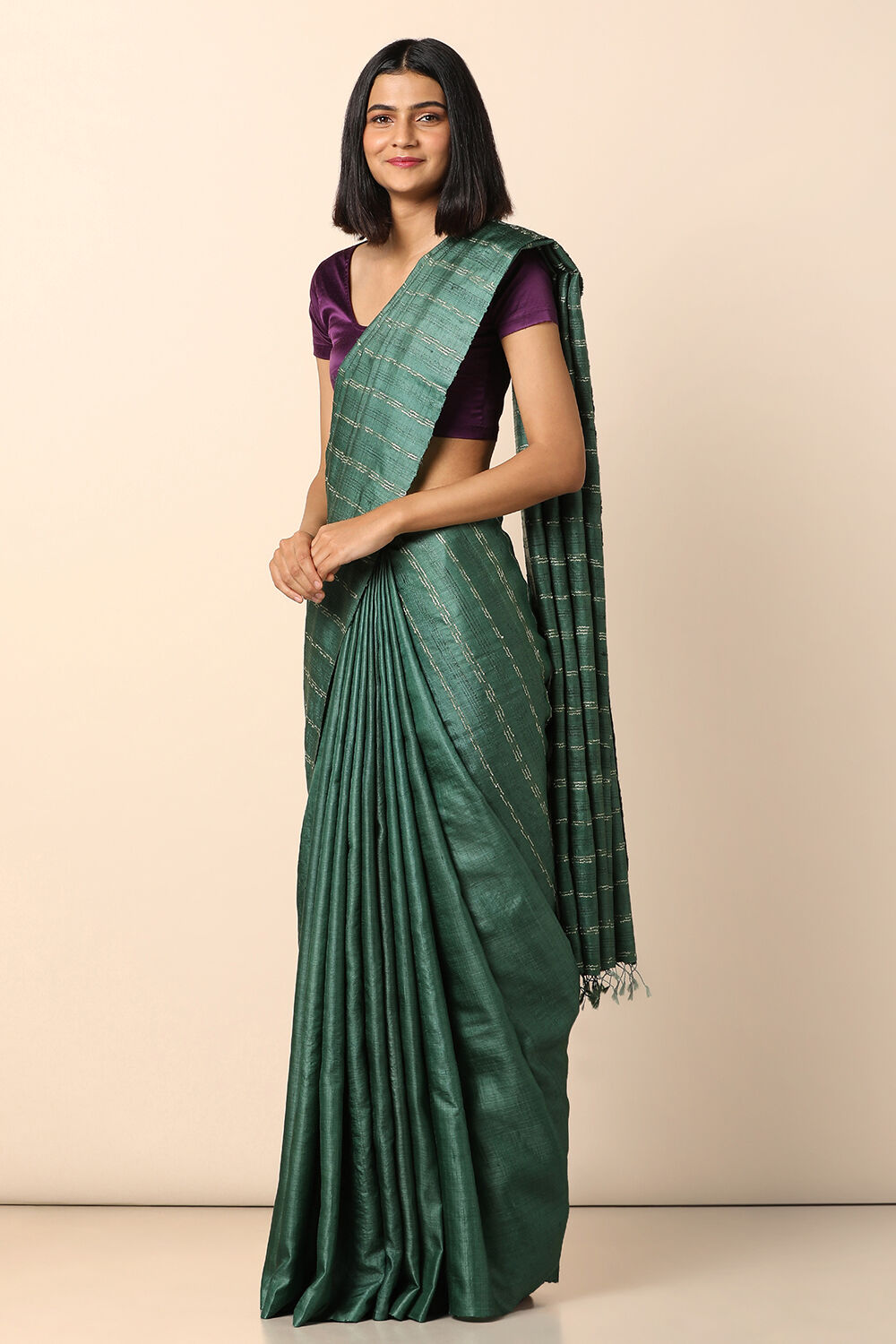 Green Pure Tussar Silk Woven Saree image number null