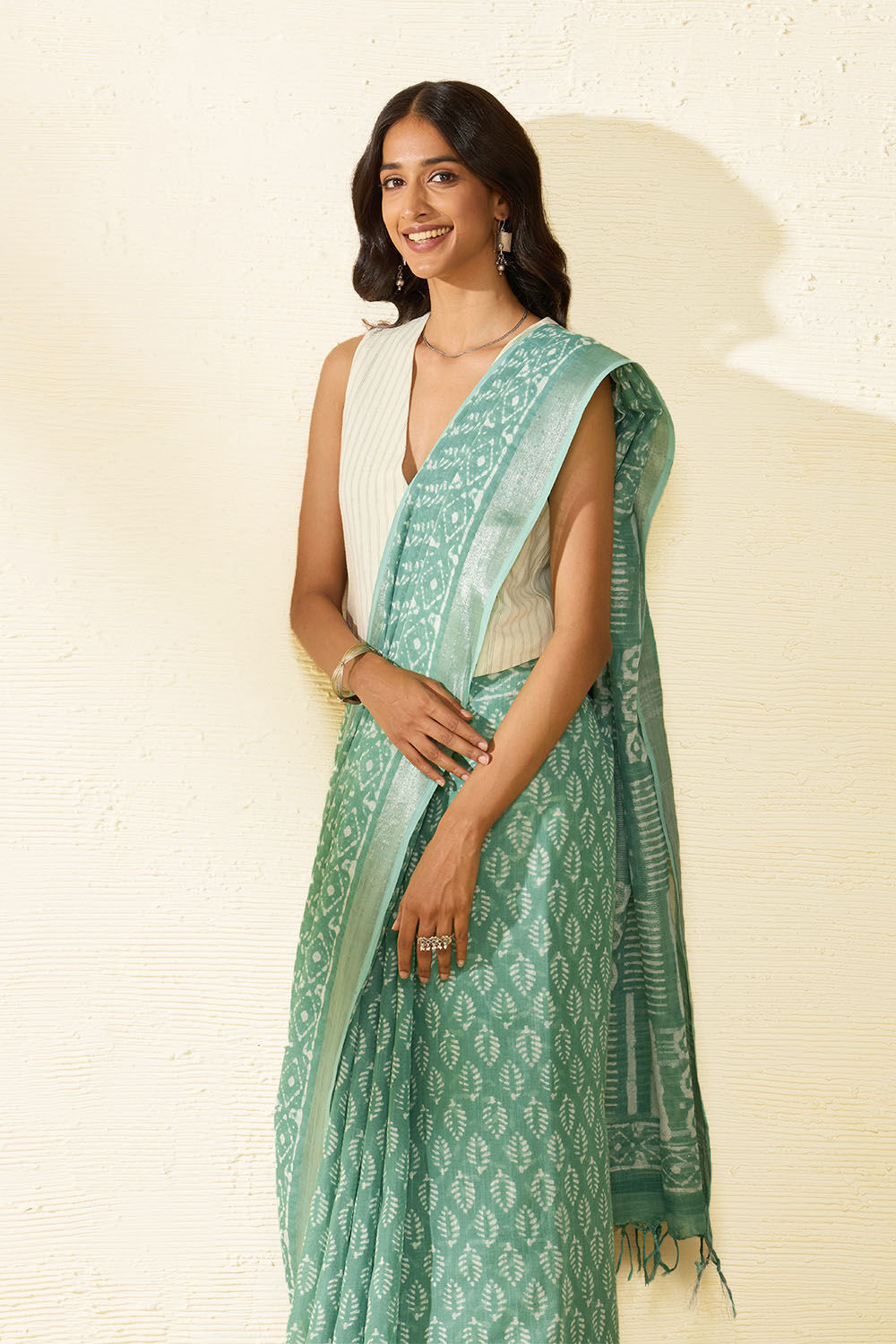Green Block Printed Cotton Viscose Saree image number null