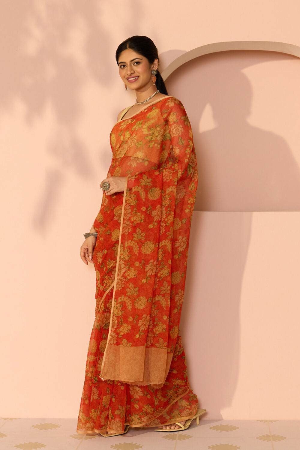 Orange Screen Printed Viscose Chiffon Saree image number null