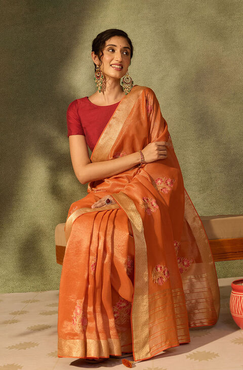 Orange Viscose Tissue Embroidered Saree