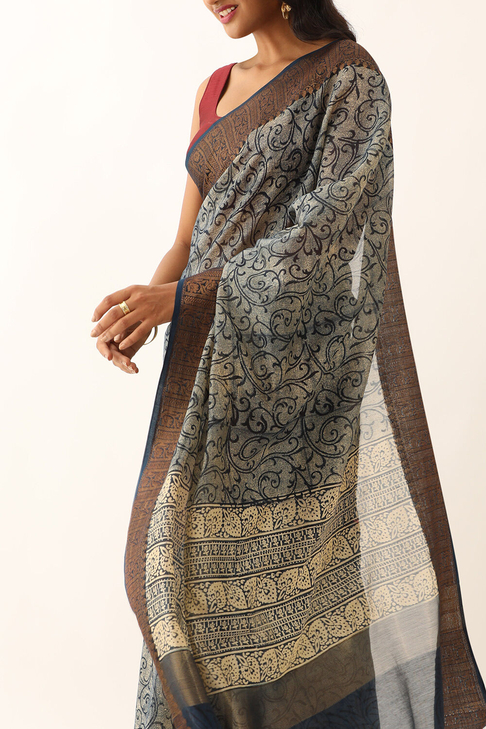 Navy Rajasthan Block Printed Pure Silk Cotton Saree image number null