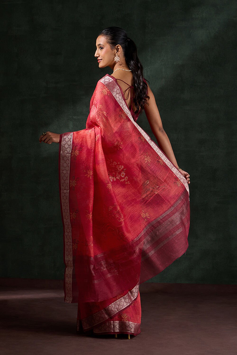 Dark Red Printed Pure Silk Linen Saree image number null