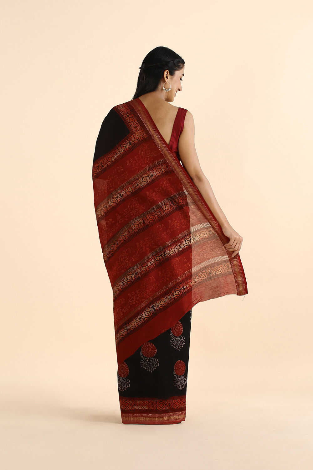 Black Pure Silk Cotton Bagru Printed Saree image number null