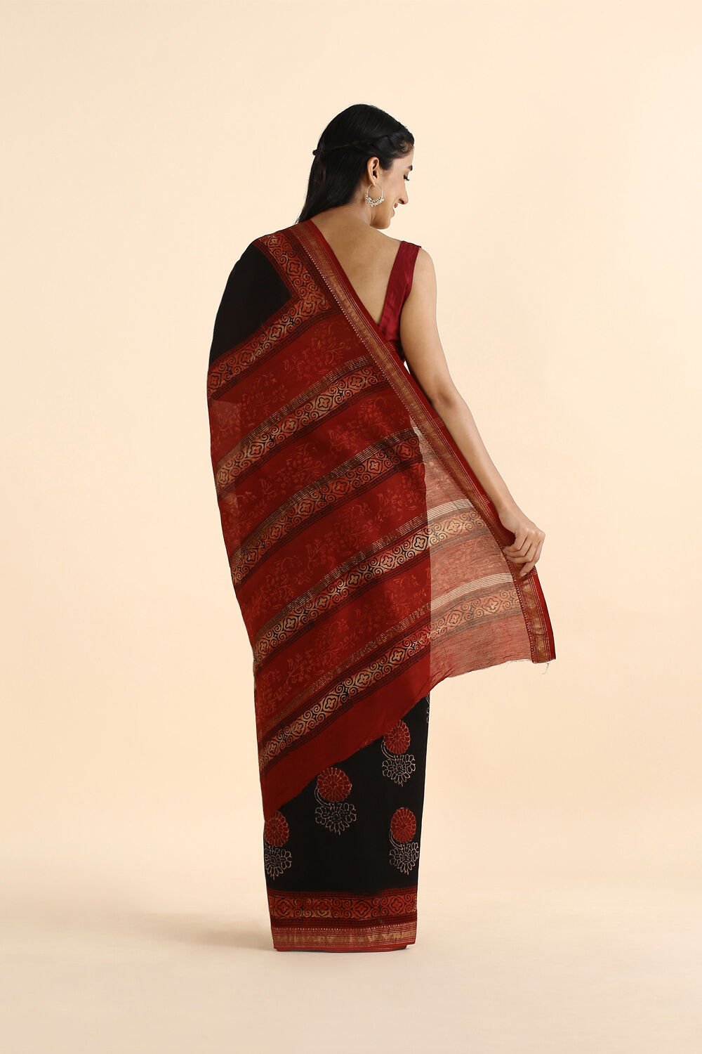 Black Pure Silk Cotton Bagru Printed Saree image number null