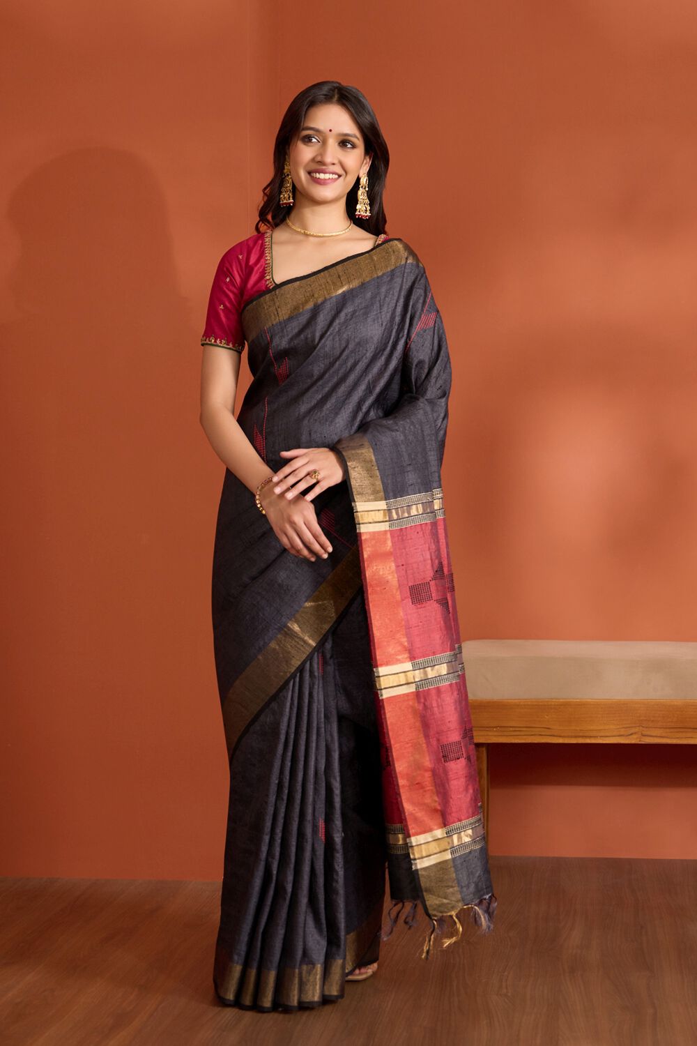 Black Pure Tussar Silk Bhagalpur Woven Saree image number null