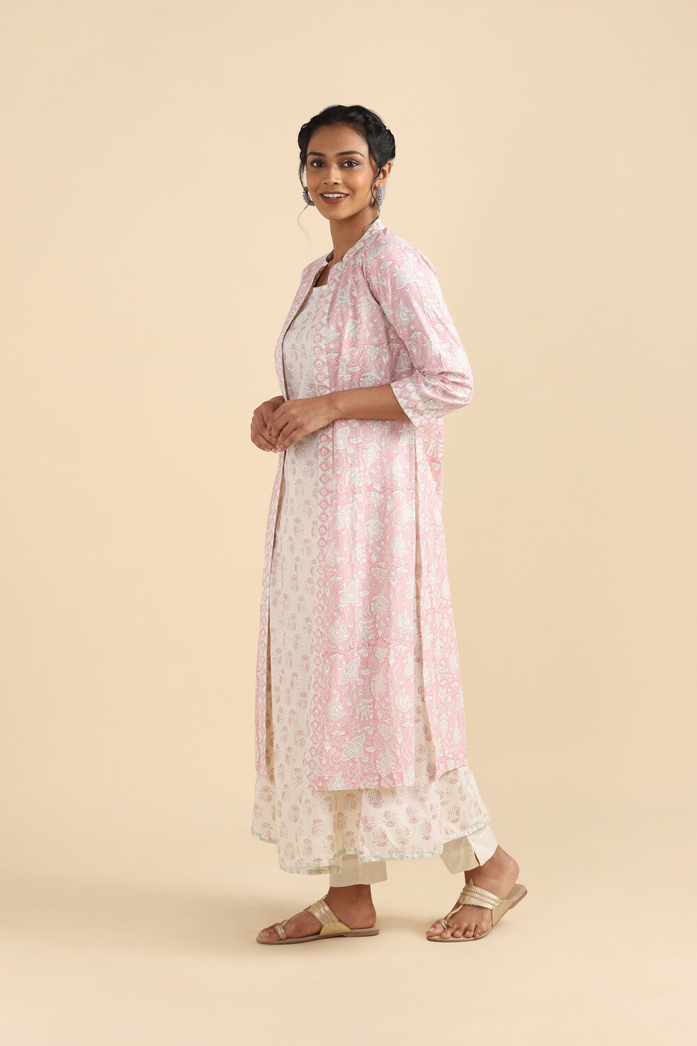 Light Pink Printed Cotton Shirt Style Kurta image number null