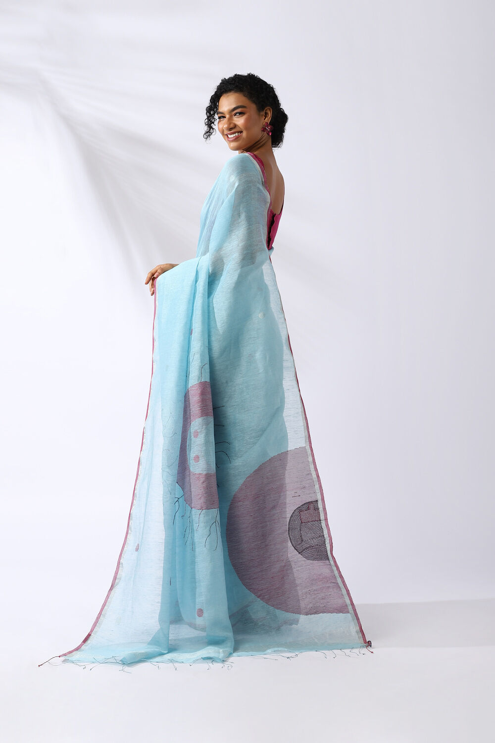 Blue Pure Silk Linen Shibori Saree image number null