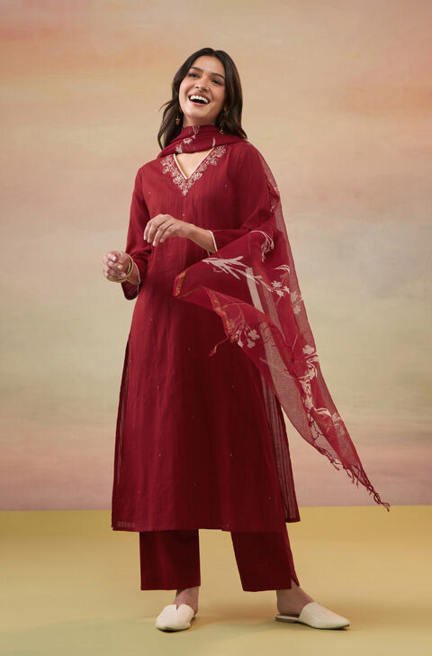 Red Pure Cotton Embroidered Kurta Set