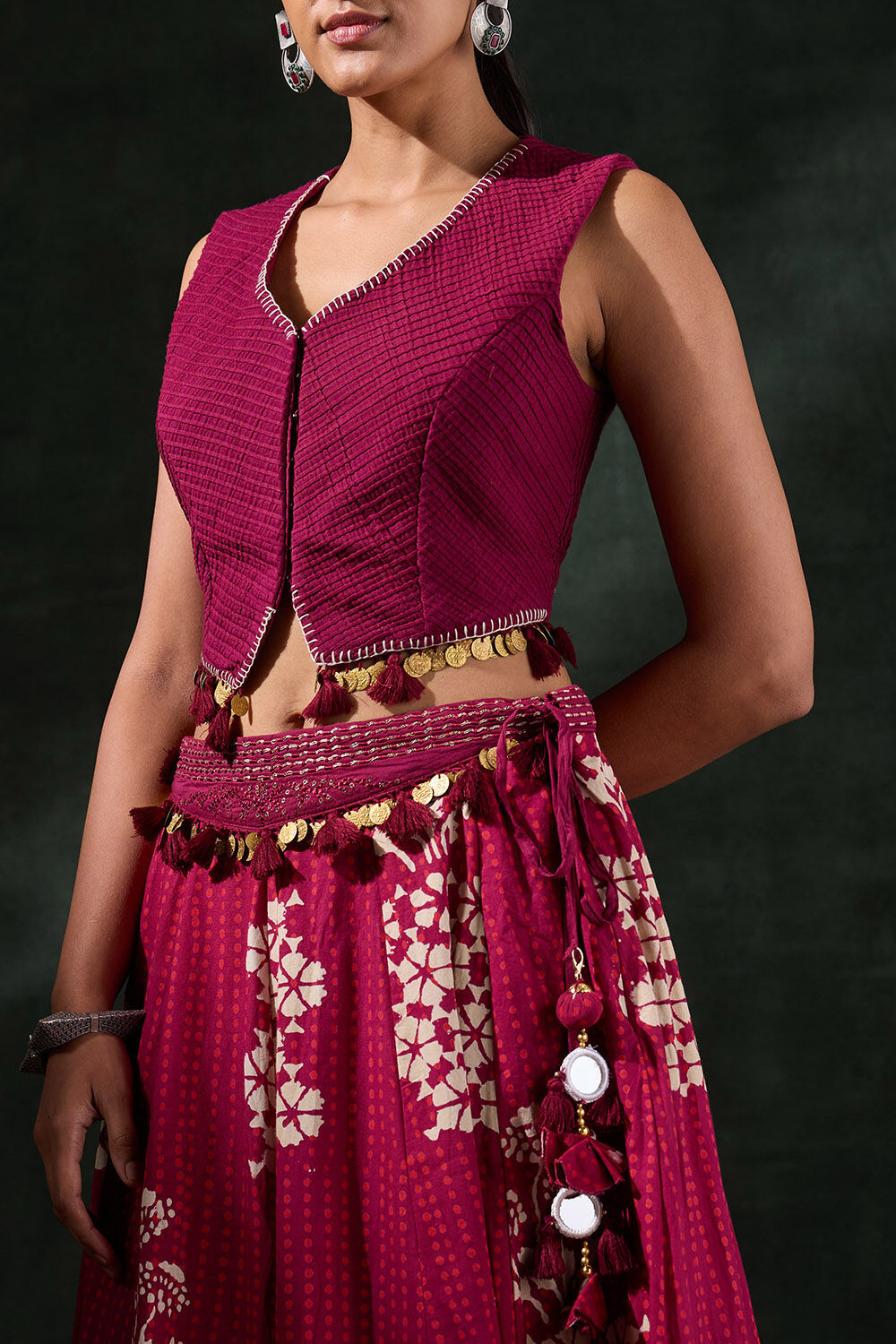 Dark Red Pure Cotton Printed Embroidery Lehenga Set image number null