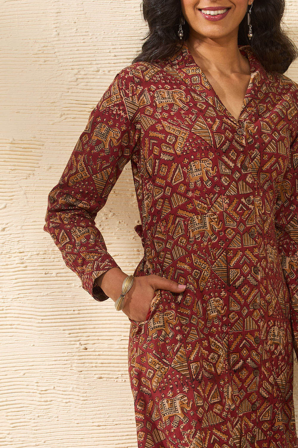 Red Block Printed Kalamkari Pure Cotton Kurta image number null