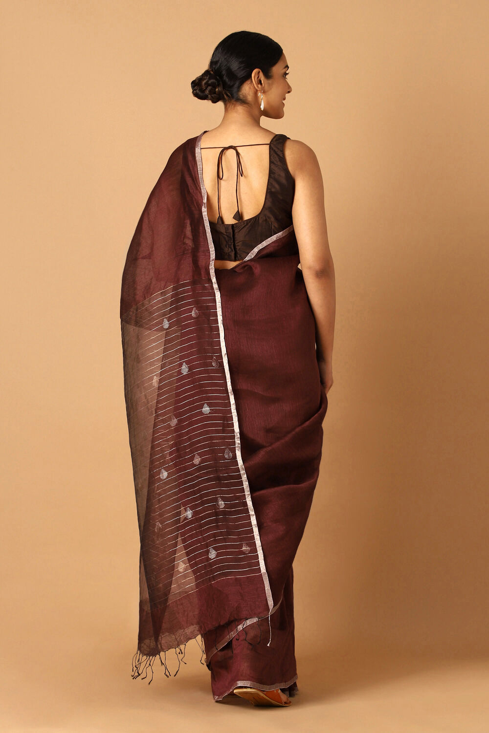 Dark Red Pure Silk Linen Jamdani Saree image number null