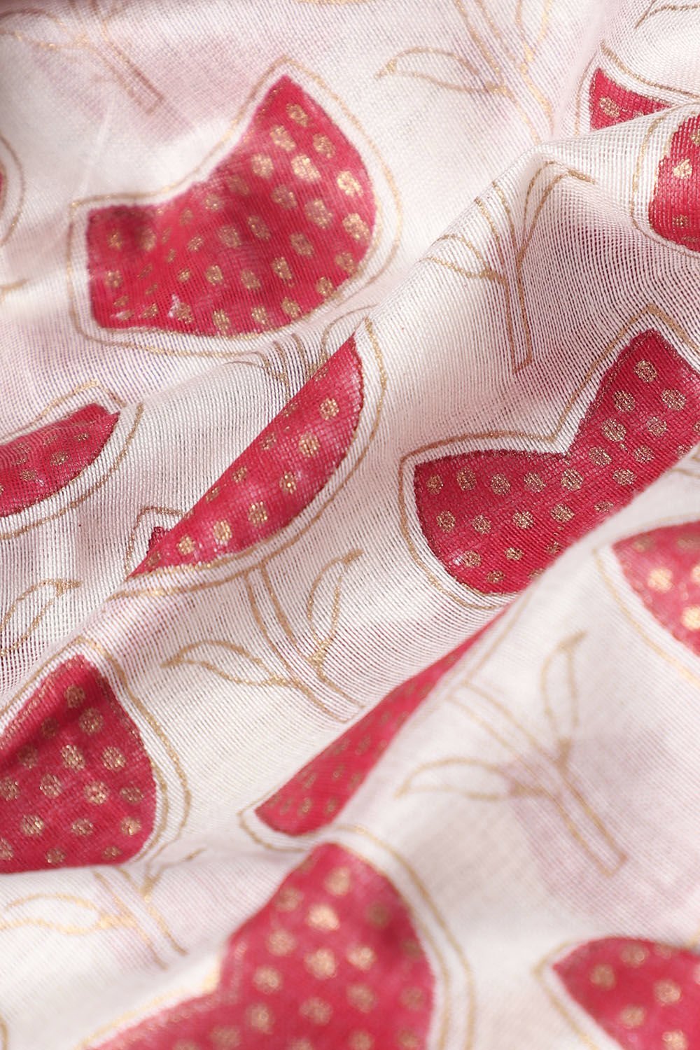 Off White and Red Pure Silk Cotton Hand Printed Saree image number null