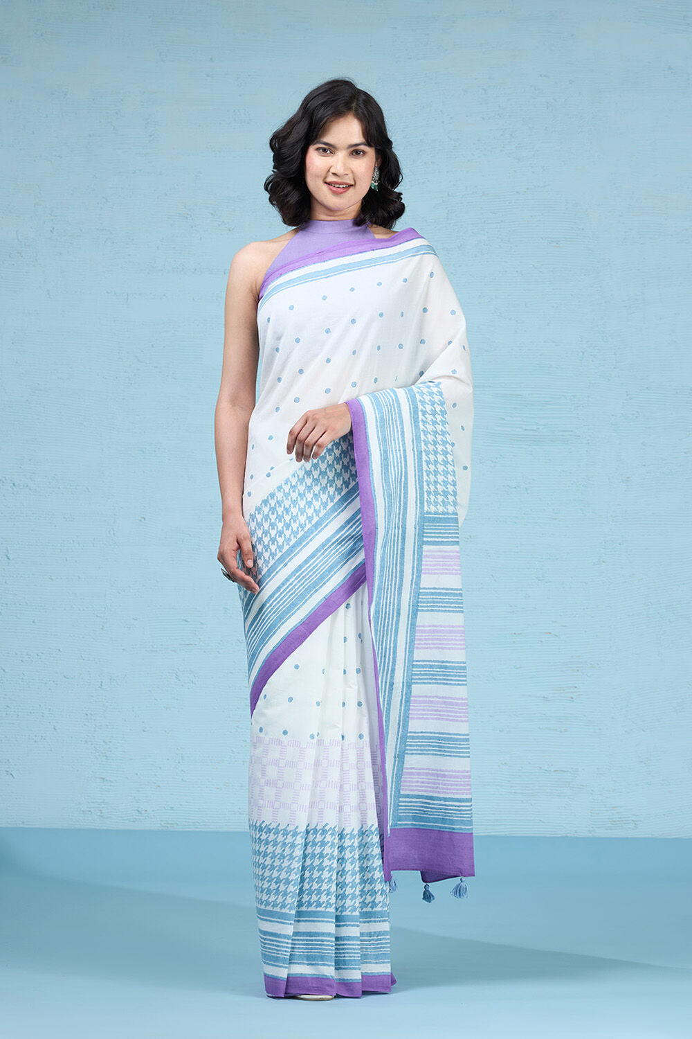 White Pure Cotton Mulmul Block Printed Bengal Saree image number null