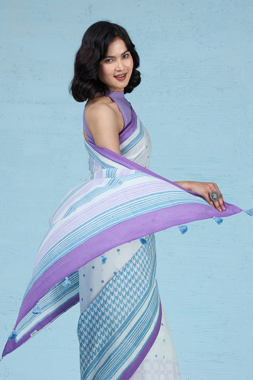White Pure Cotton Mulmul Block Printed Bengal Saree image number null