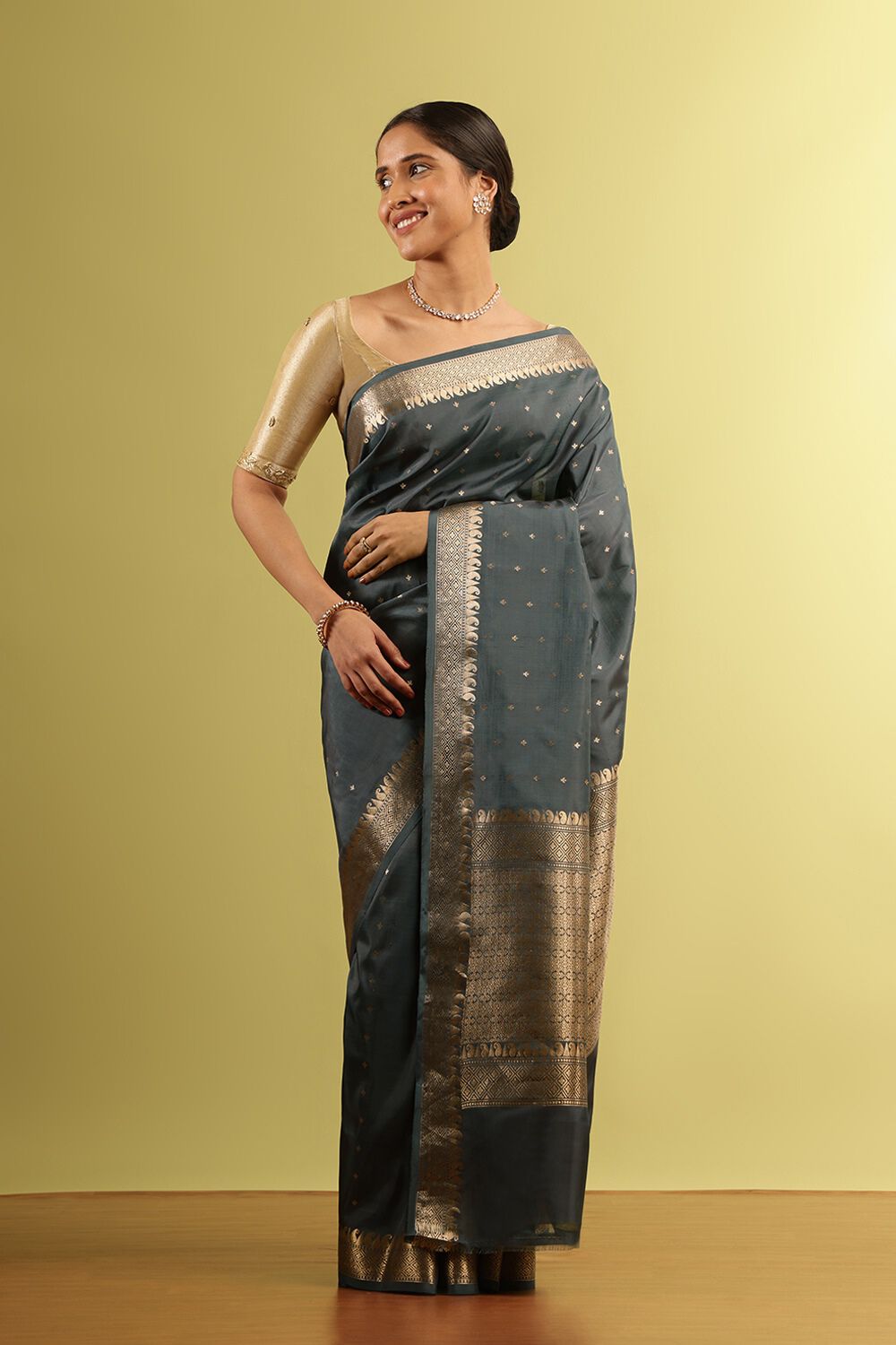 Grey Silk Viscose Woven Saree image number null