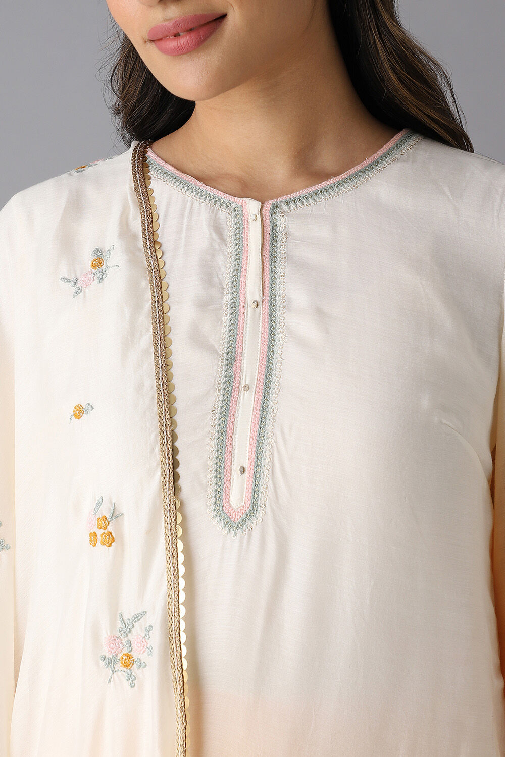 Off White and Light Orange Viscose Embroidered Kurta Set image number null