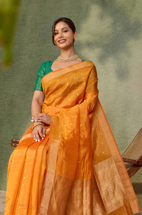 Orange Silk Viscose Cutwork Banaras  Saree