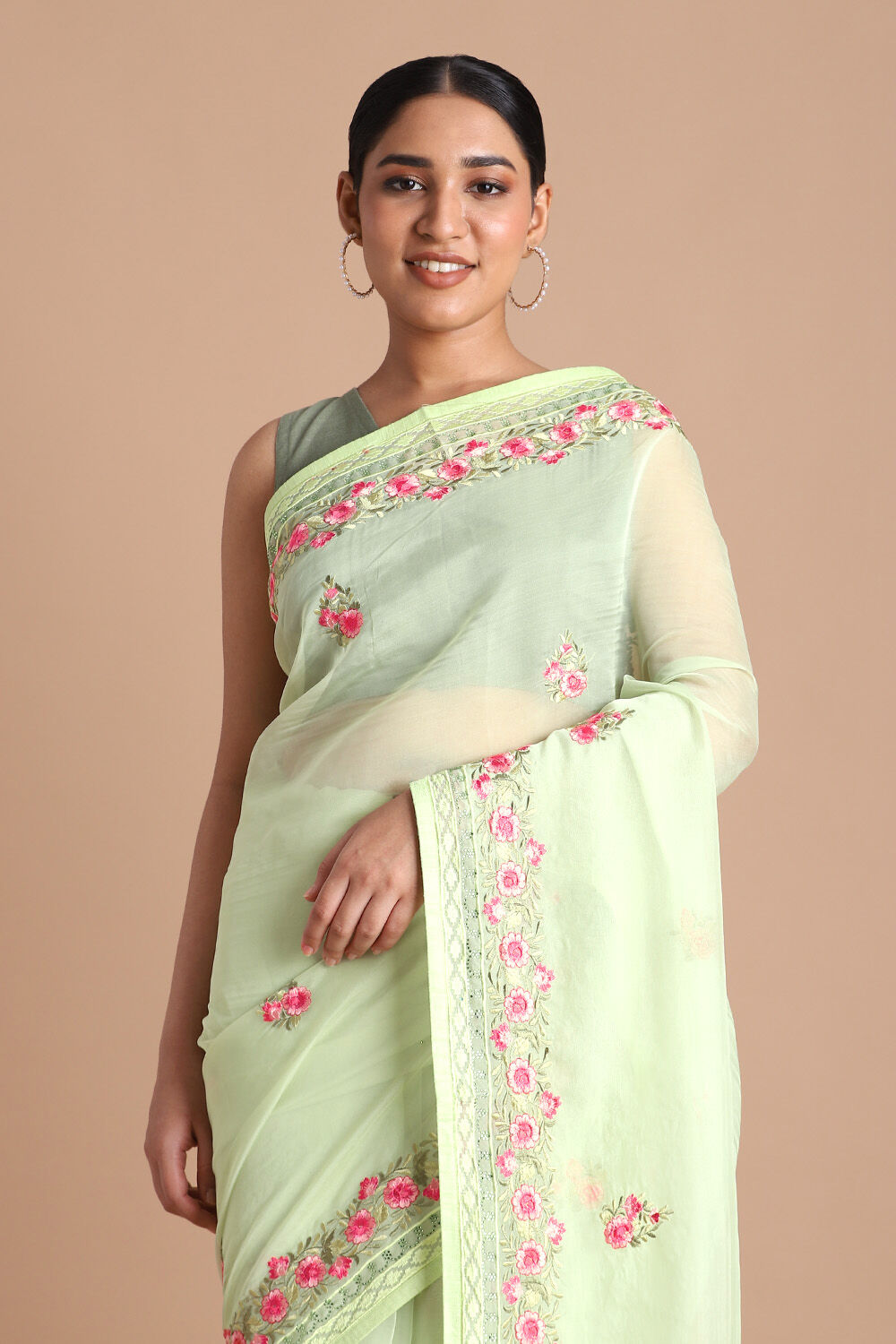 Light Pure Green Embroidered Saree image number null