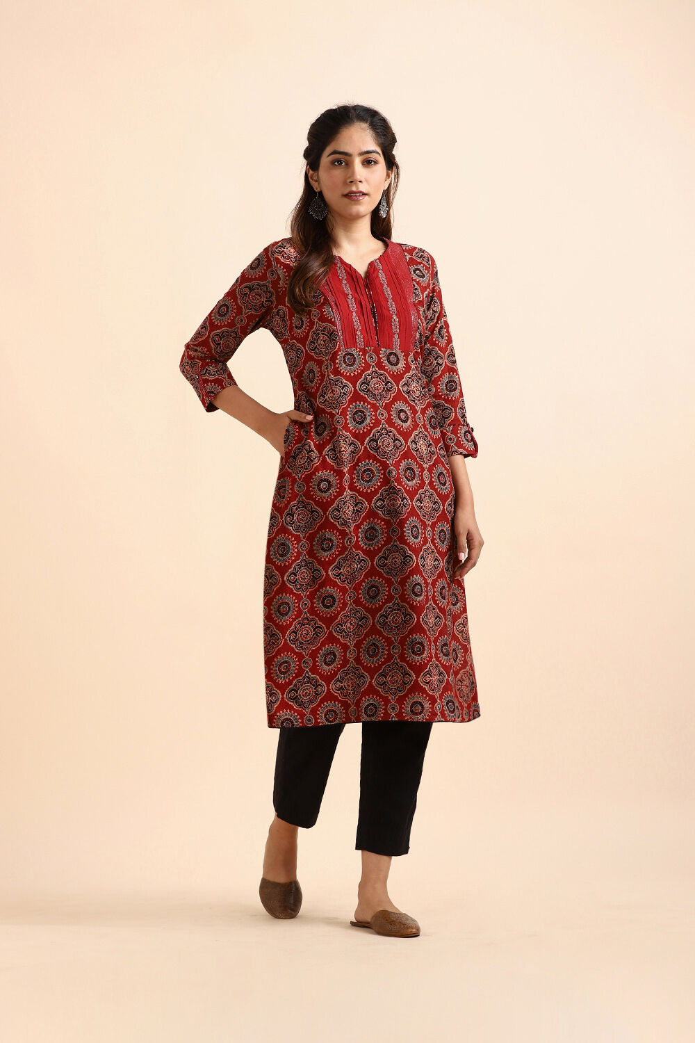 Dark Red Ajrakh Block Printed Cotton Kurta image number null