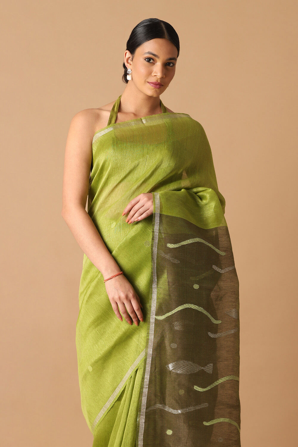 Light Green Pure Silk Linen Jamdani Saree image number null