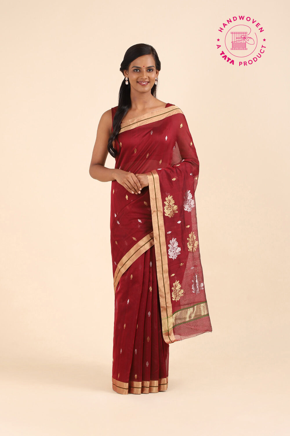 Red Pure Silk Cotton Chanderi Saree image number null