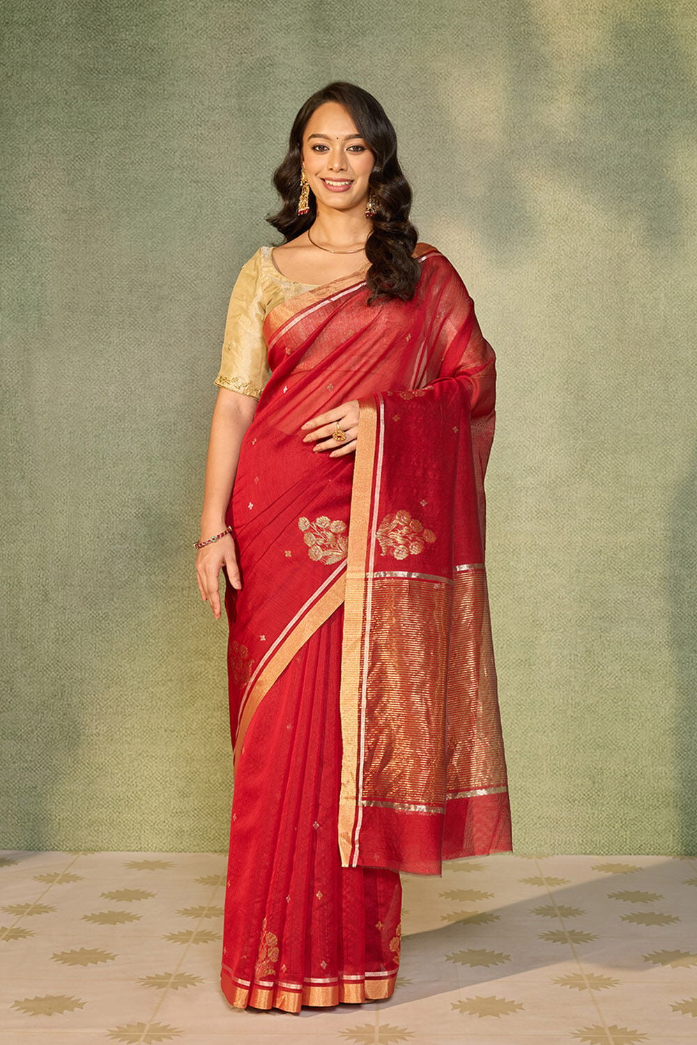Red Woven Pure Silk Cotton Chanderi Saree image number null