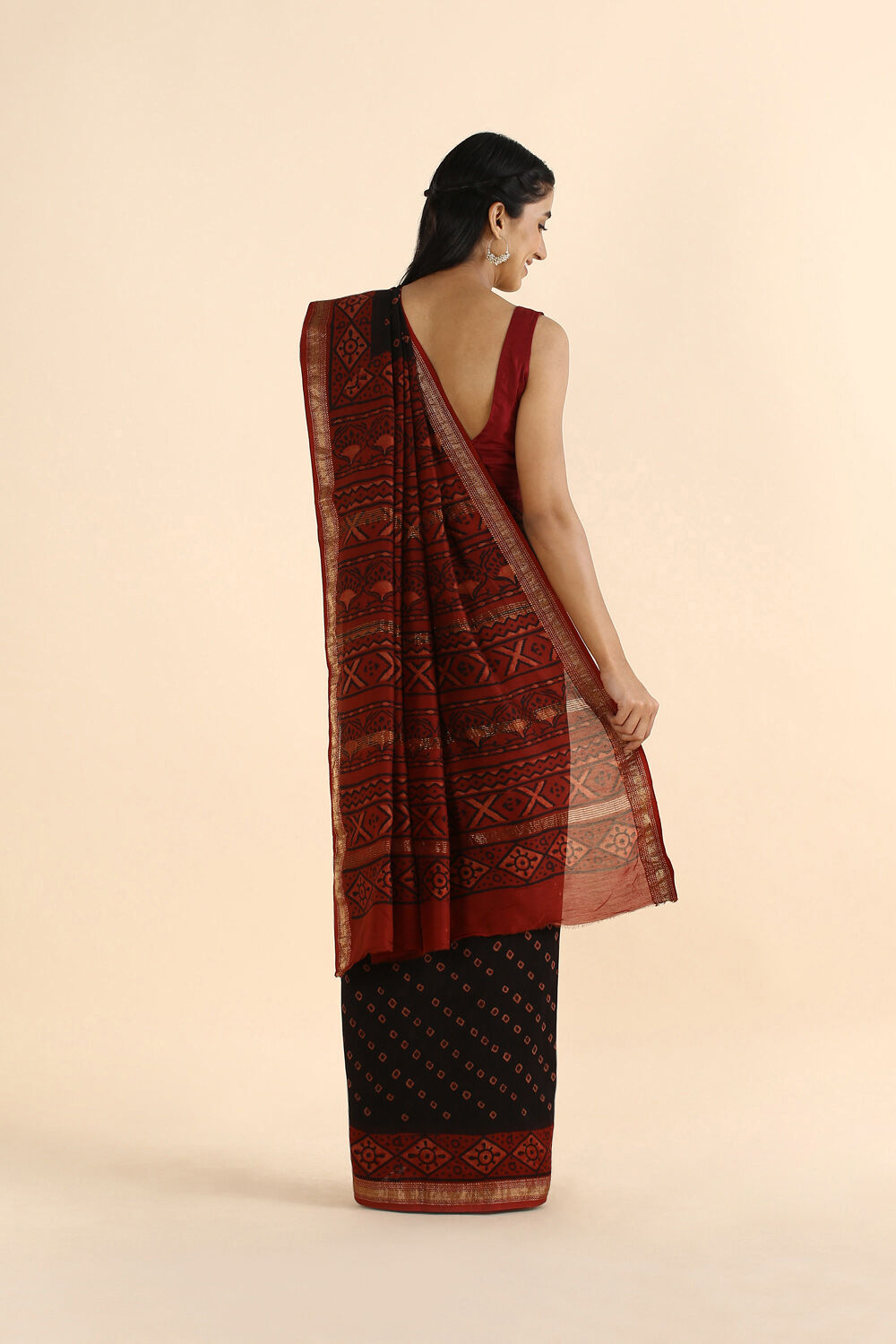 Black Pure Silk Cotton Bagru Printed Saree image number null