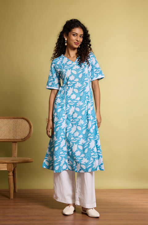 Blue Screen Printed Pure Cotton Kurta