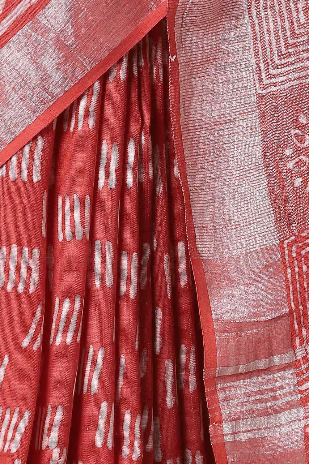 Red Pure Cotton Linen Bagru Printed Saree image number null