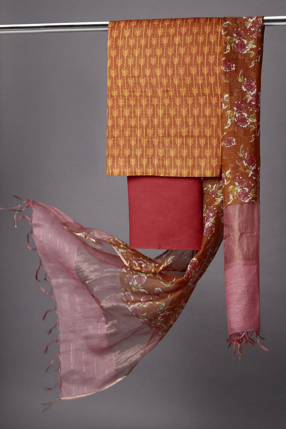Orange Block Printed Tussar Suit image number null